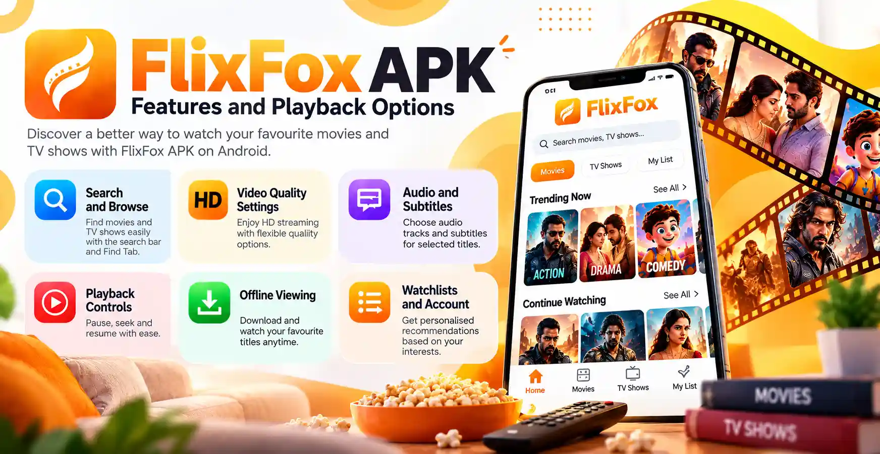 FlixFox APK features displayed with colourful icons and smartphone